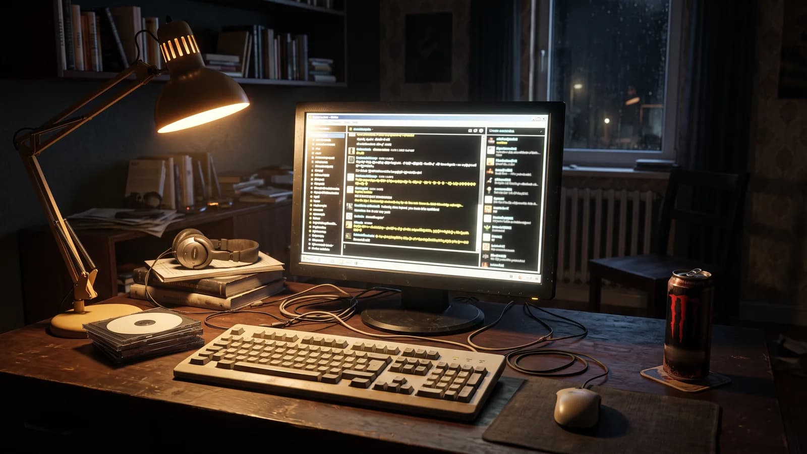 Nostalgic 2010 home office with a chat window on an old monitor