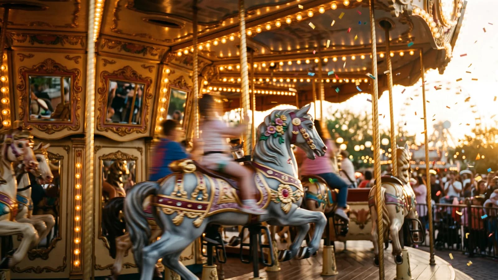 Carousel horses at golden hour with warm light bokeh