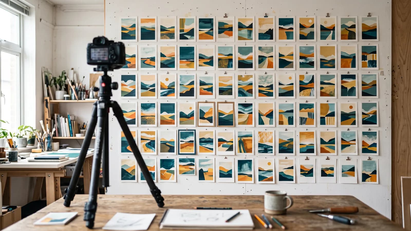 Studio wall with grid prints of the same motif in consistent colors