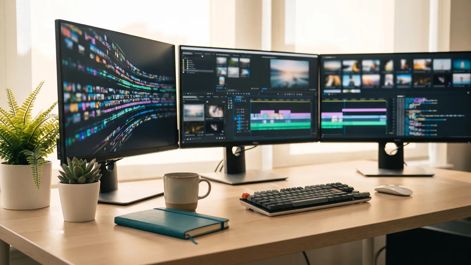 Bright workspace with three screens of a content pipeline