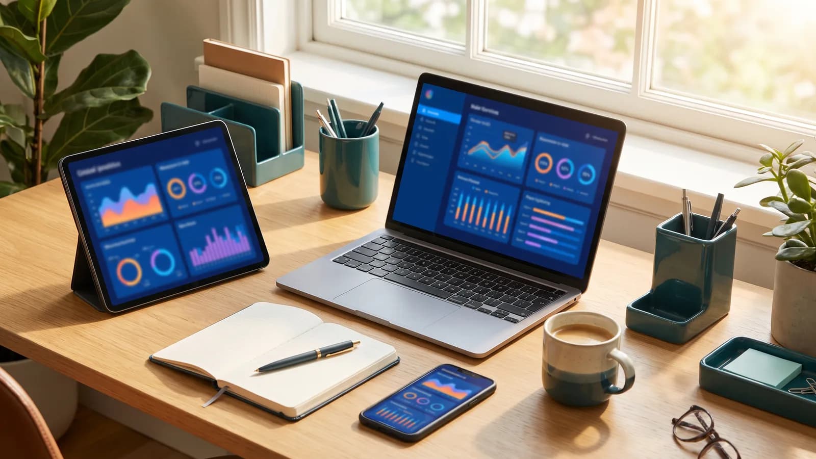 Organized workspace with laptop, tablet and marketing dashboards