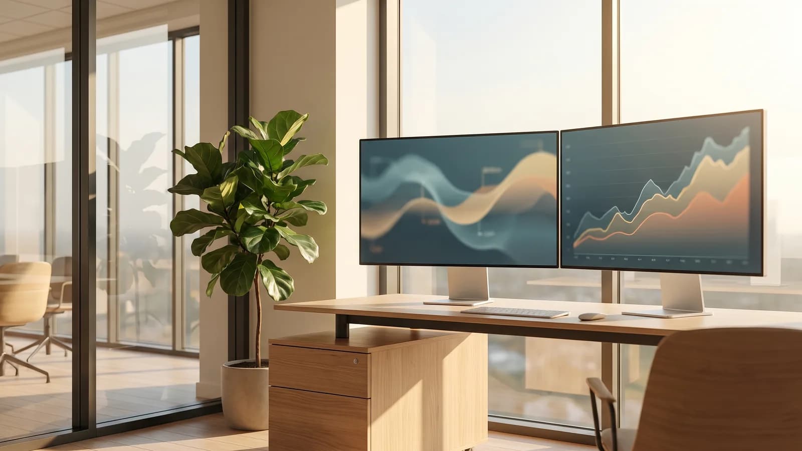 Bright office corner with calm analytics charts on two screens