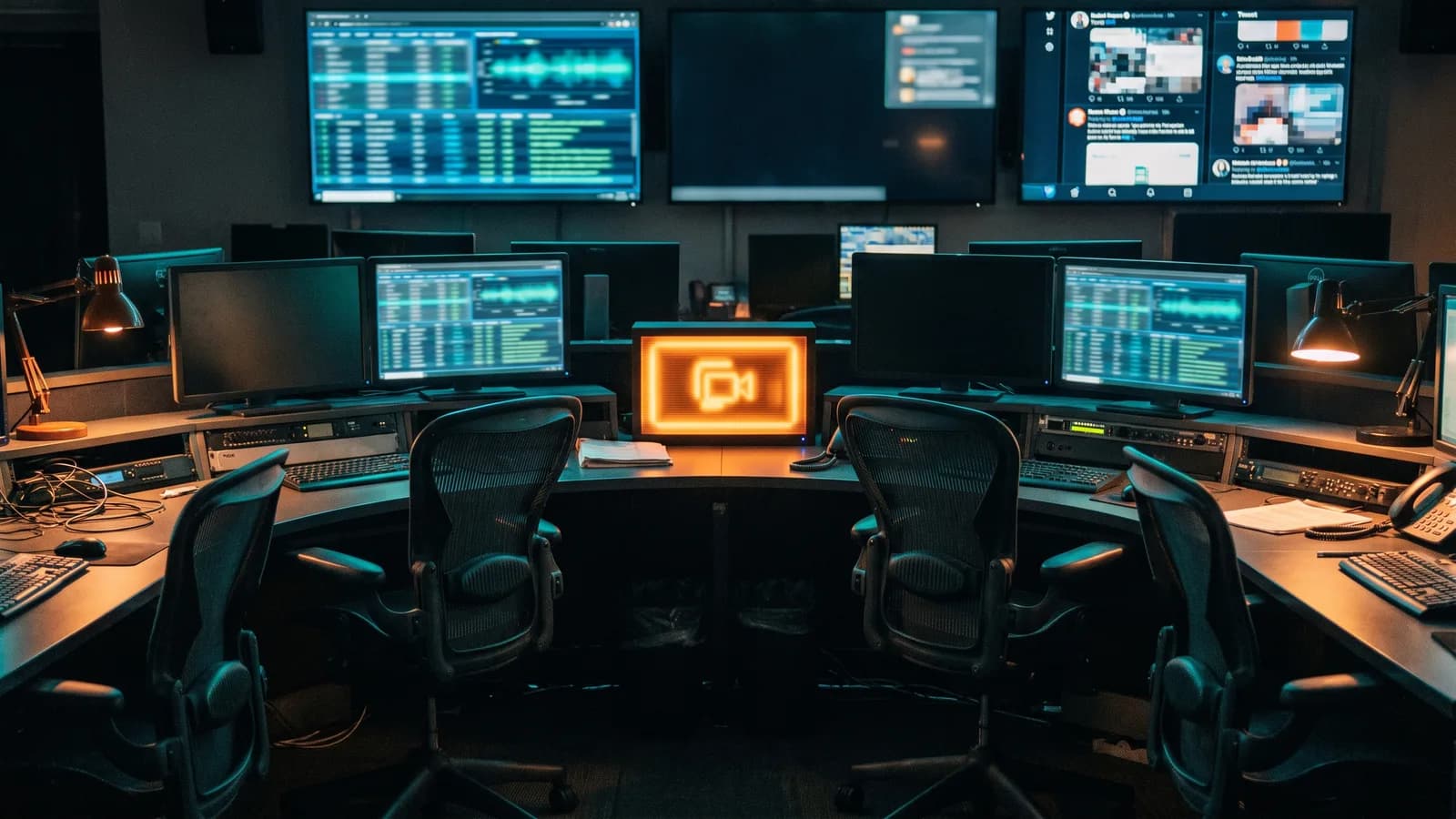 Monitoring desk at night with a glowing alert panel