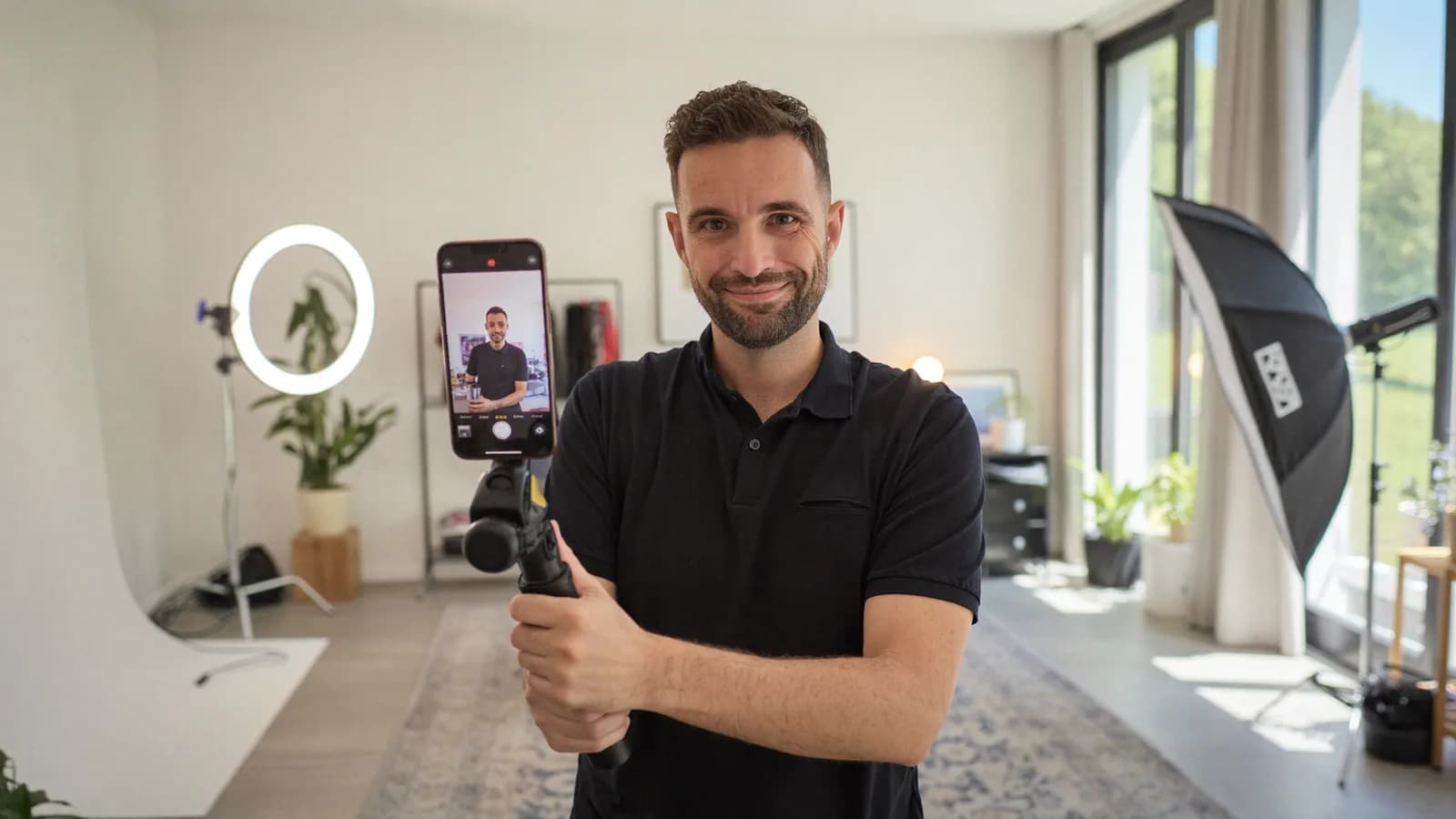 Torsten Schiefen recording himself with a smartphone gimbal in a creator studio