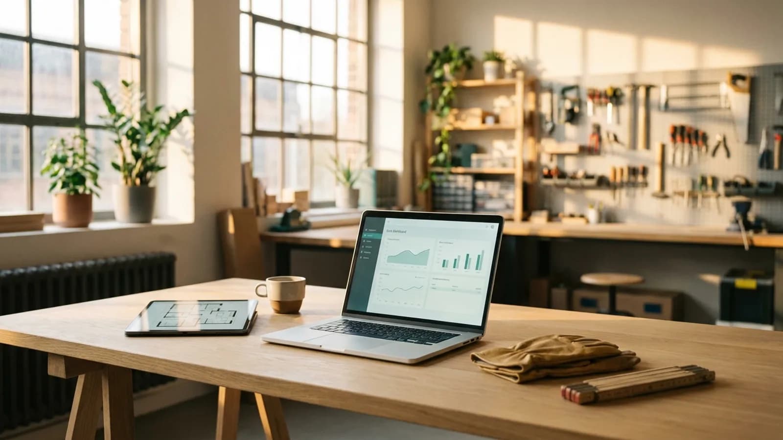 Arbeitsplatz eines Handwerksbetriebs mit Laptop, Tablet und Werkzeug