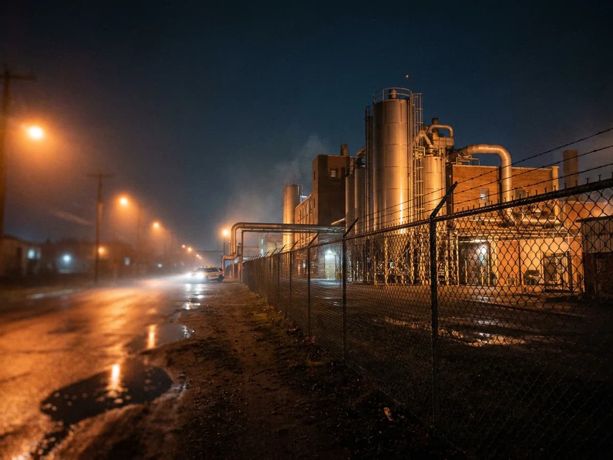 Nächtliche Industrieanlage im Rheinland, Blick des Werkschutzes