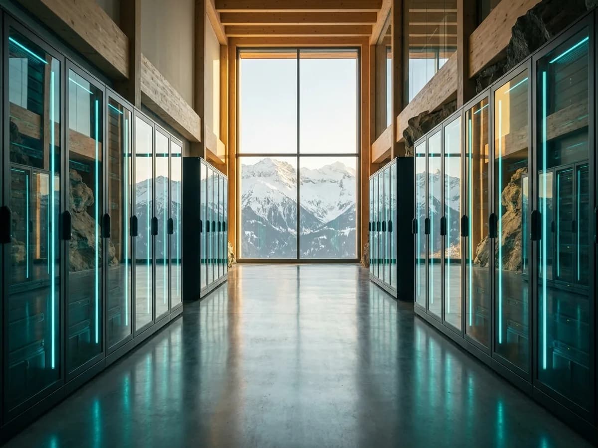 Modernes Rechenzentrum mit blauem Licht in den Schweizer Bergen