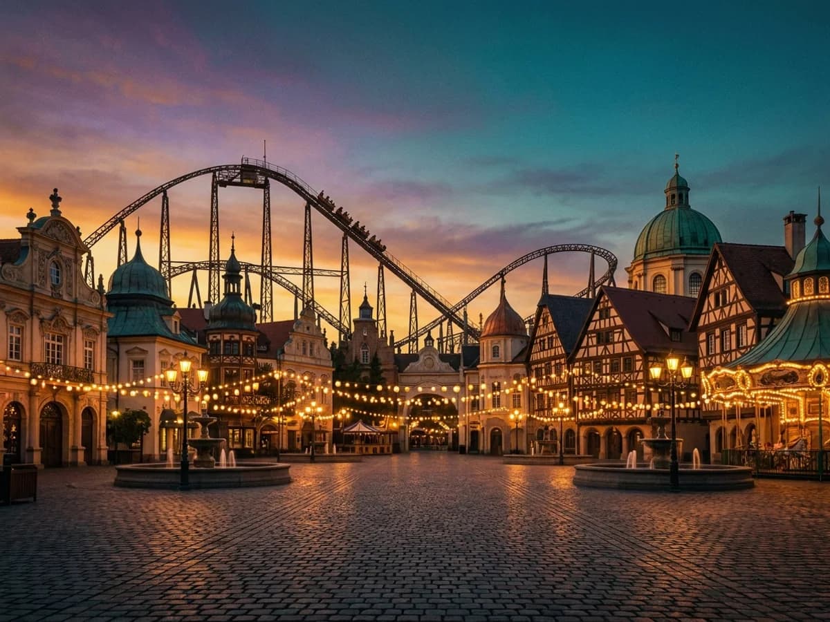 Freizeitpark in der Abenddämmerung mit Lichtern
