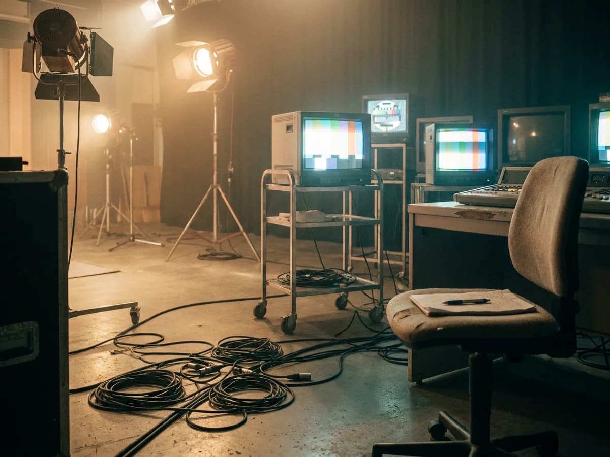 Fernsehstudio-Backstage mit Monitoren und warmem Licht