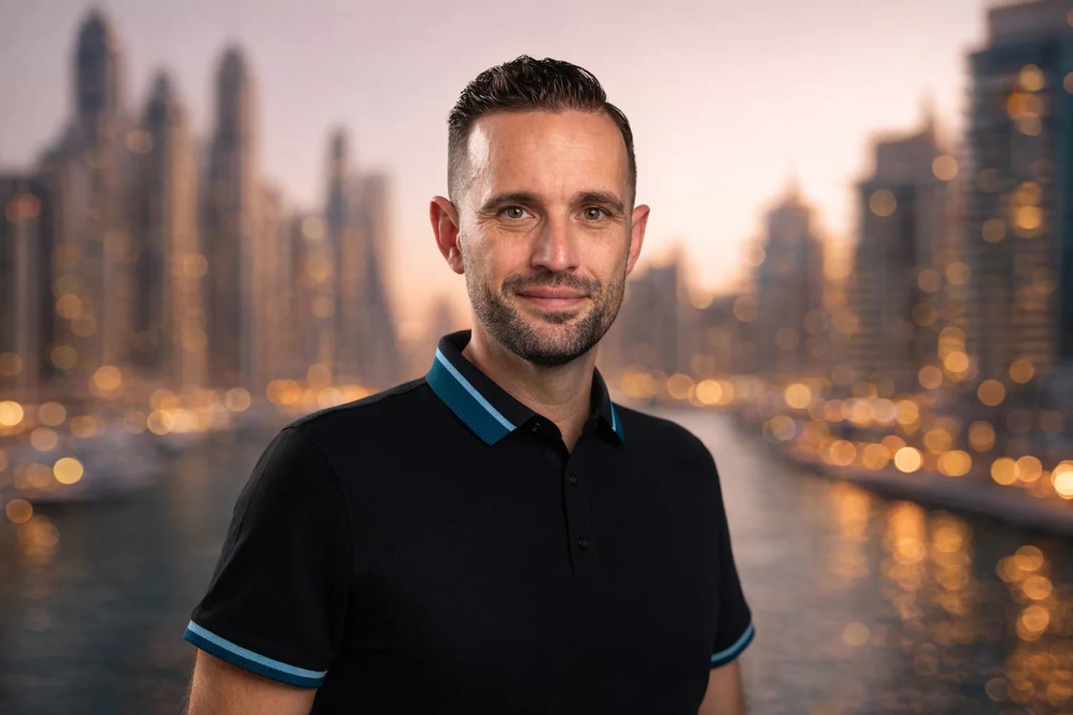 Torsten Schiefen vor der Skyline der Dubai Marina