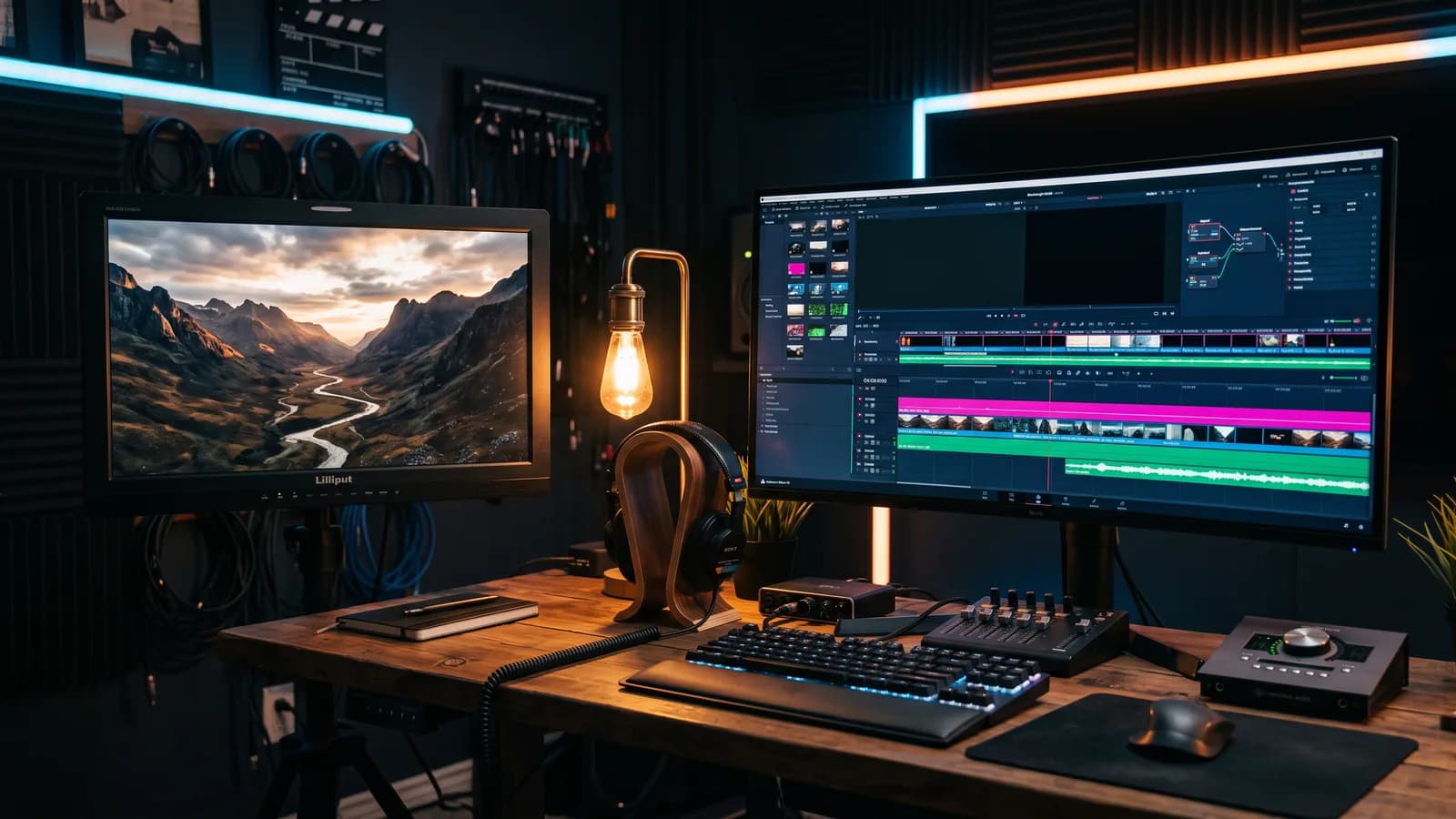 Video editing suite with timeline monitors in warm light