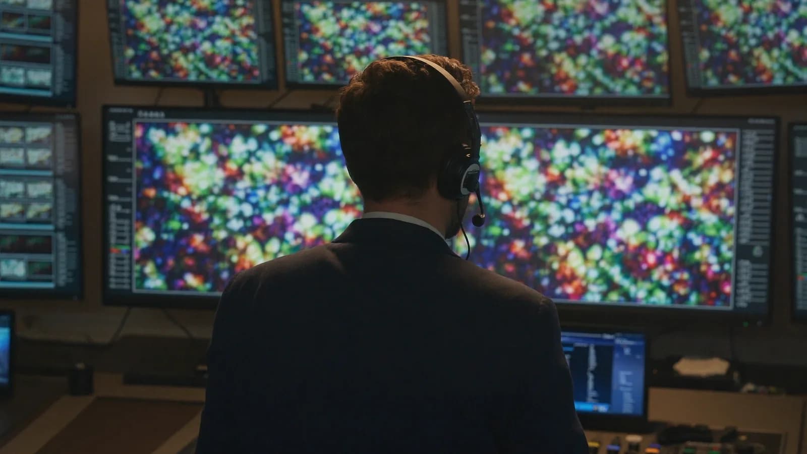 Torsten Schiefen wearing a headset in front of a monitor wall in a stream control room